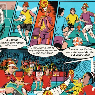 Comic panels showing female soccer players training and playing in a match