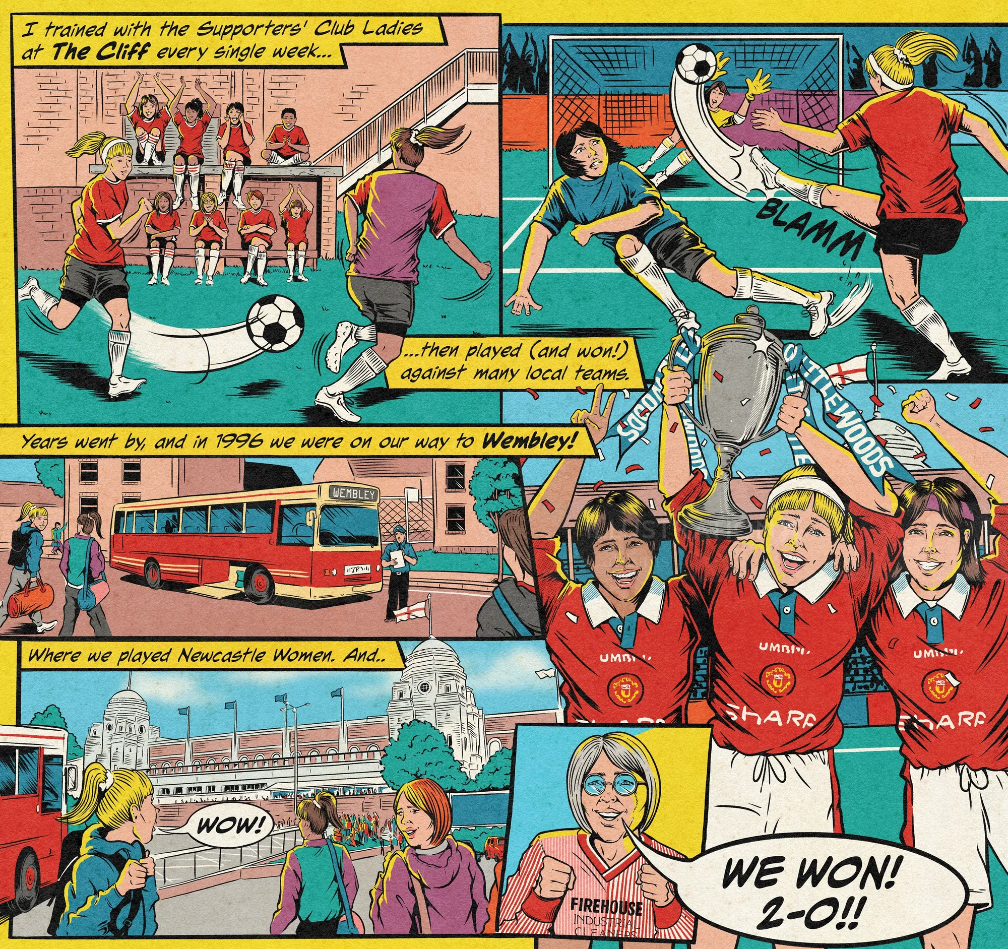 Comic panels depicting a soccer game, team holding a trophy, and traveling scenes.