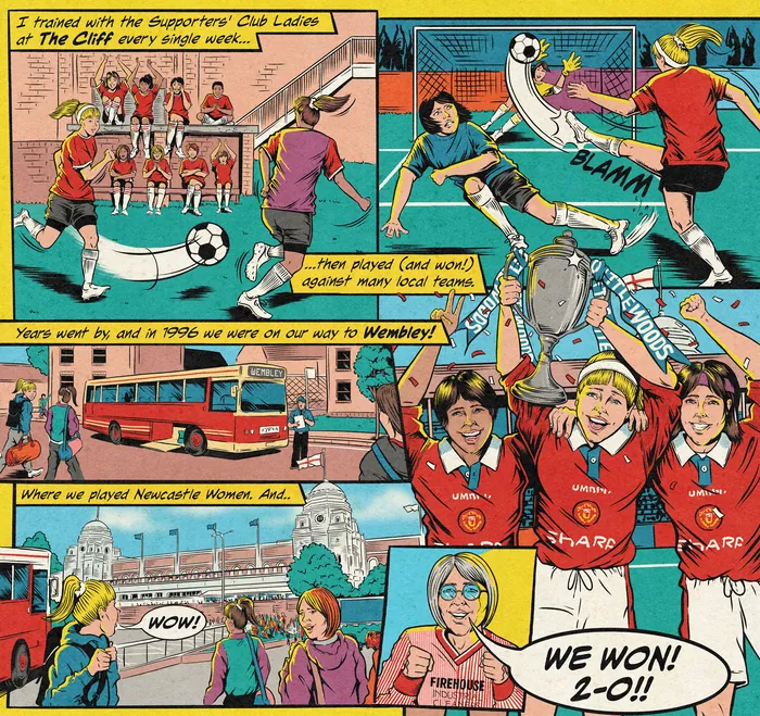Comic panels depicting a soccer game, team holding a trophy, and traveling scenes.