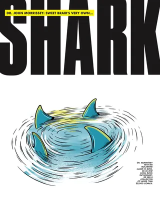 Shark fins circling in water under bold black SHARK letters