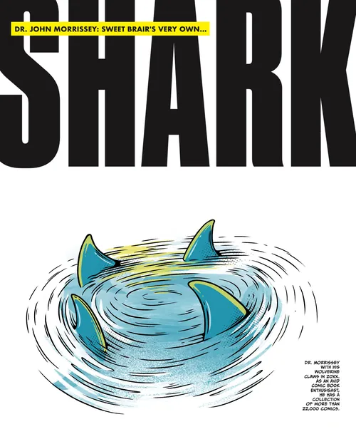 Shark fins circling in water under bold black SHARK letters