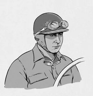Vintage race car driver wearing helmet and goggles holding steering wheel