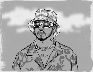 Man with bucket hat and sunglasses in black and white illustration