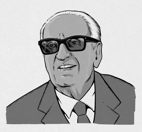 Illustration of an elderly man in sunglasses and suit, smiling