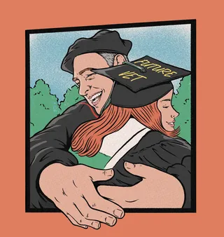 Graduate embracing veteran while wearing cap that says future vet.