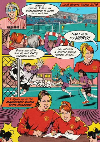 Comic-style exhibition featuring Manchester United girls' academy players