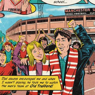 Comic illustration of fans outside Old Trafford football stadium