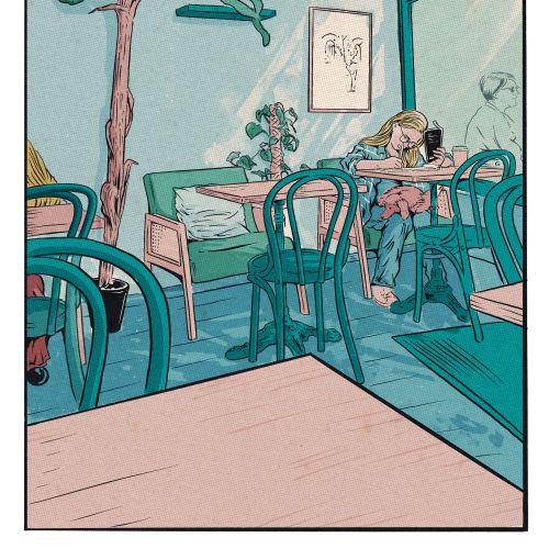 Child sitting alone at a cafe table surrounded by green plants