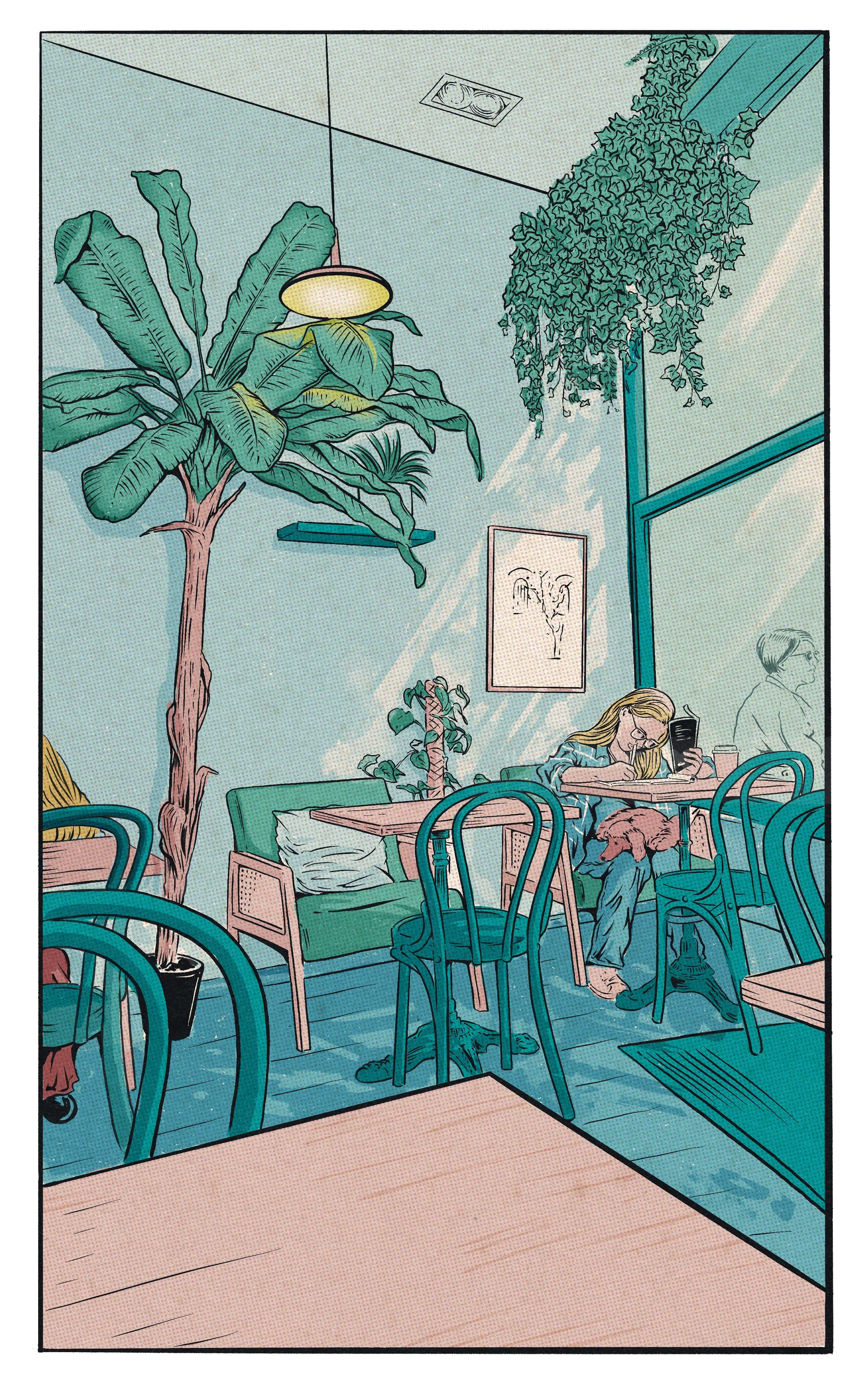 Child sitting alone at a cafe table surrounded by green plants