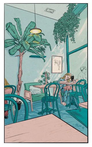 Child sitting alone at a cafe table surrounded by green plants