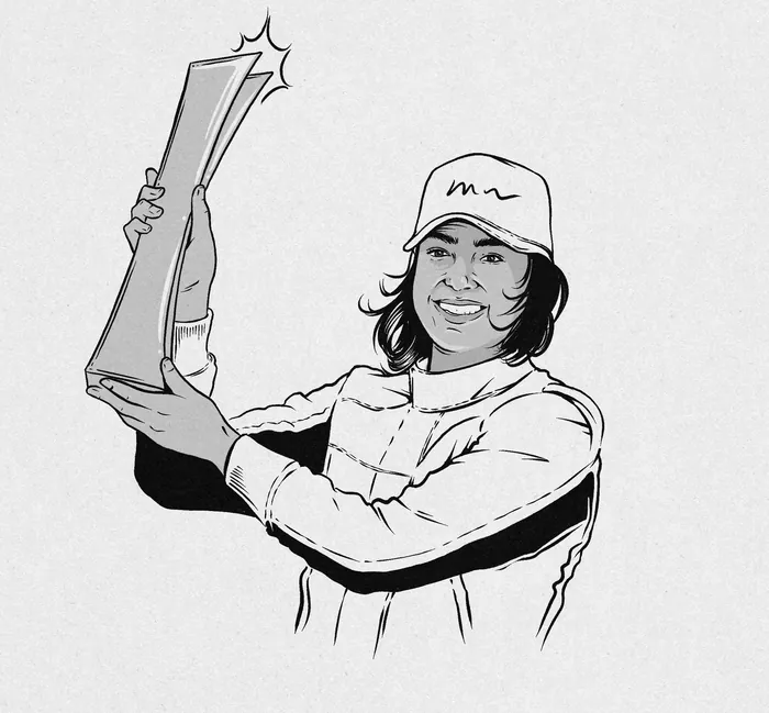 Black and white illustration of Jamie Chadwick holding a trophy