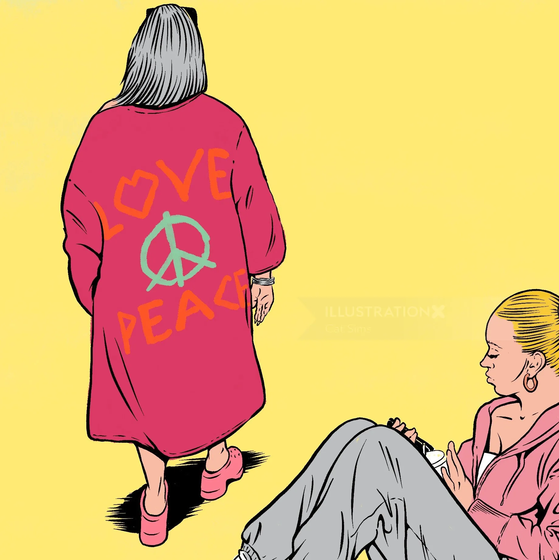 Two women, one in pink coat with love and peace symbols, yellow background
