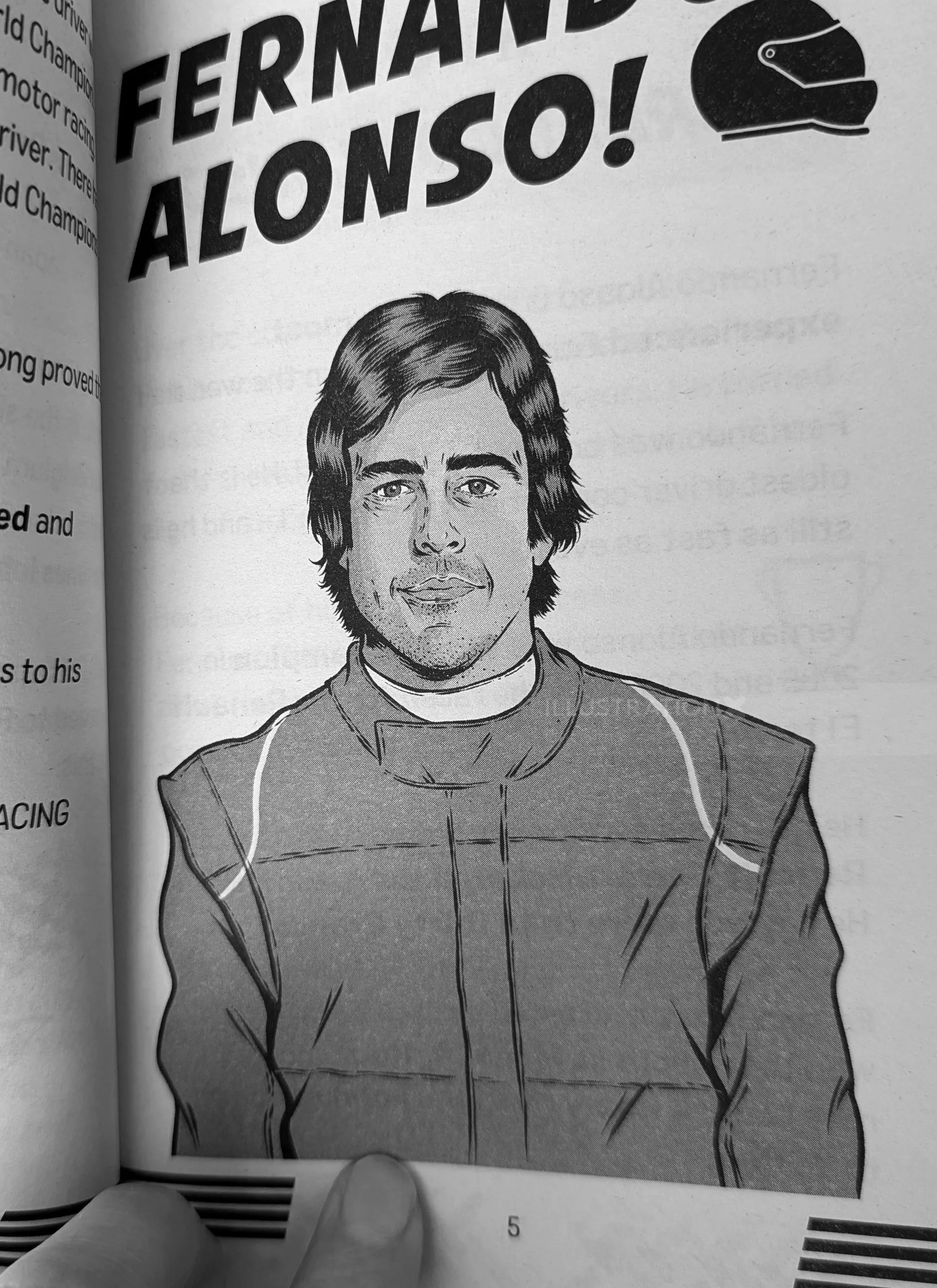 Illustration of race car driver Fernando Alonso in racing suit.