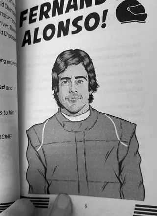 Illustration of race car driver Fernando Alonso in racing suit.