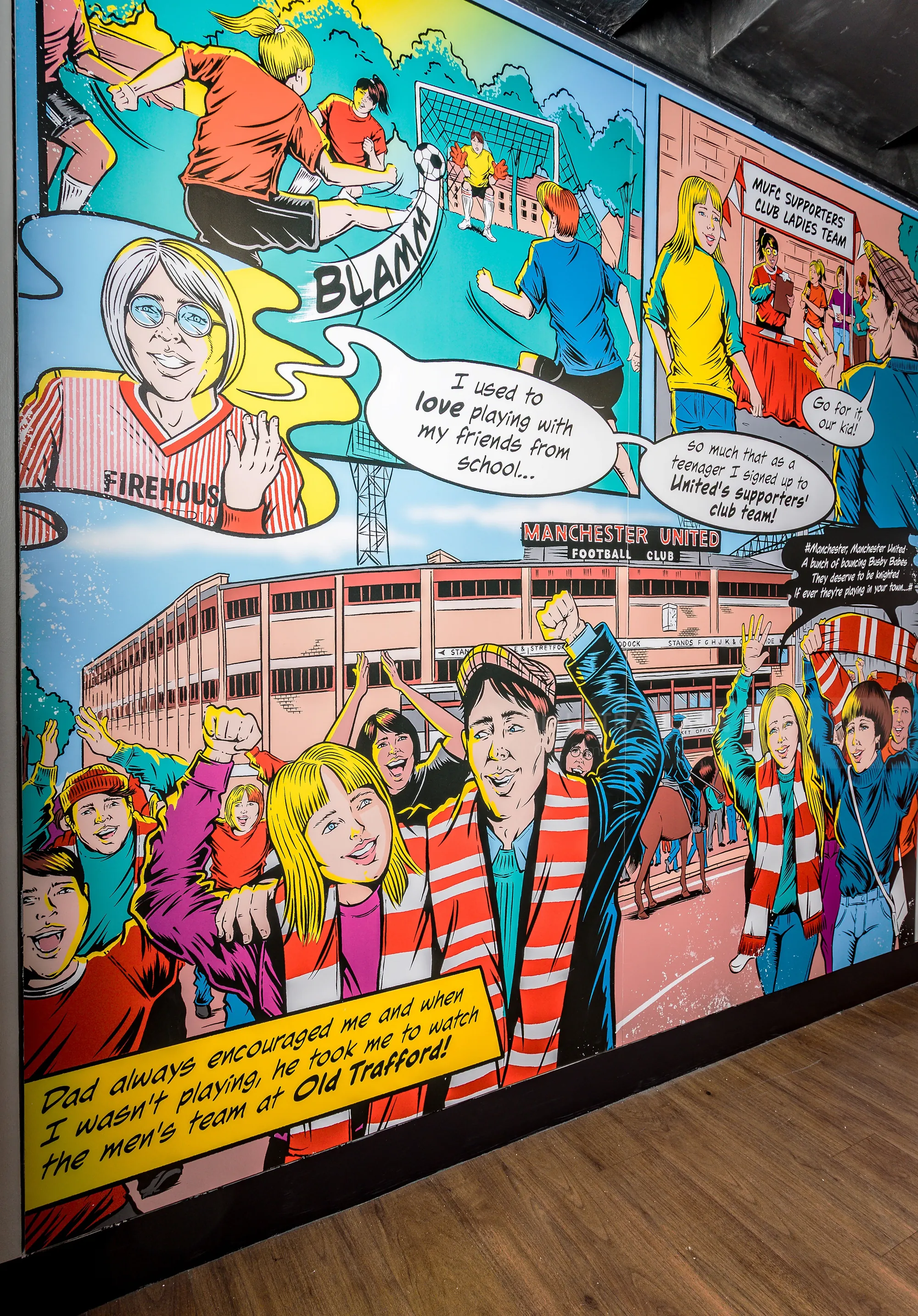 Colorful comic mural showing Manchester United women's team history
