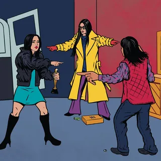 Three people in colorful outfits pointing fingers in a humorous standoff