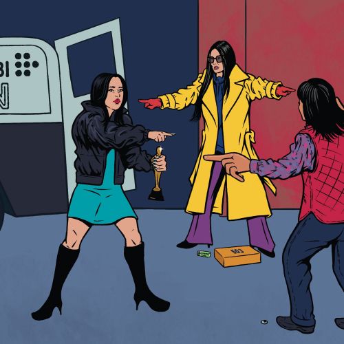 Three women in colorful outfits pointing fingers at each other like Spiderman meme