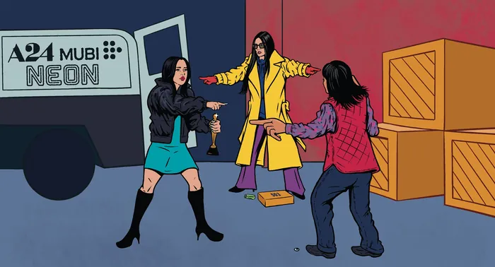 Three women in colorful outfits pointing fingers at each other like Spiderman meme