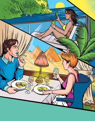 Couple dining with pyramids in background and woman with cocktail by water