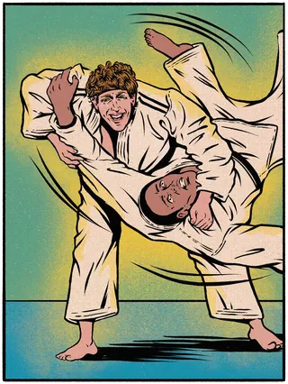 Two men in jujitsu gis sparring in martial arts move