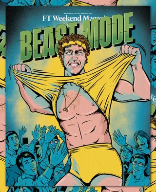 Illustration of muscular man tearing yellow shirt with crowd below
