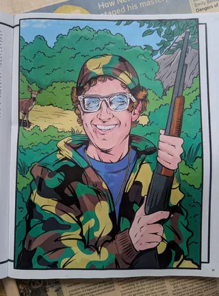 Illustration of a man in camouflage holding a rifle outdoors