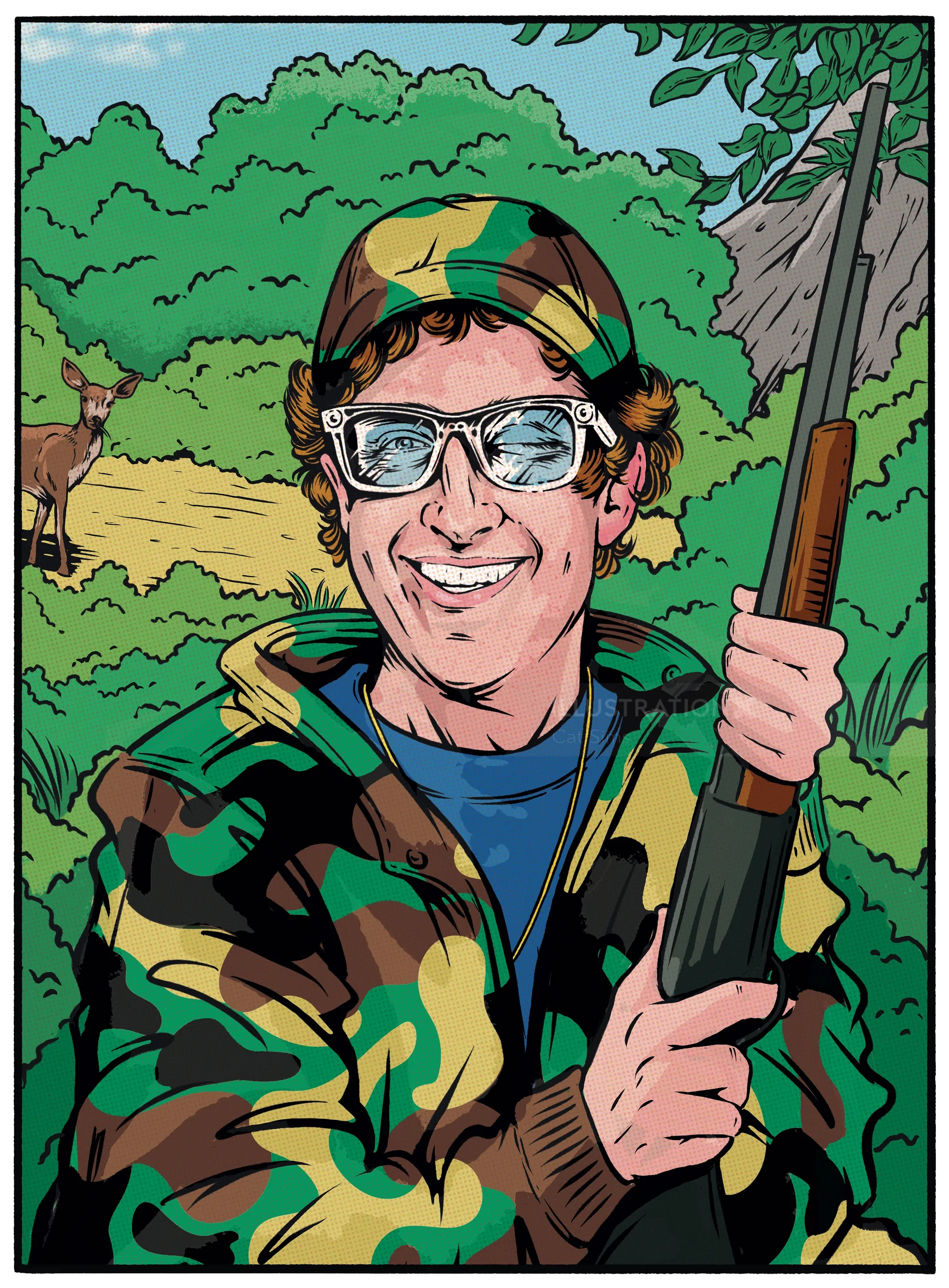 Man in camouflage jacket and goggles holding a rifle outdoors