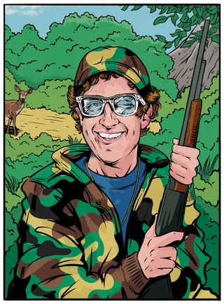 Man in camouflage jacket and goggles holding a rifle outdoors