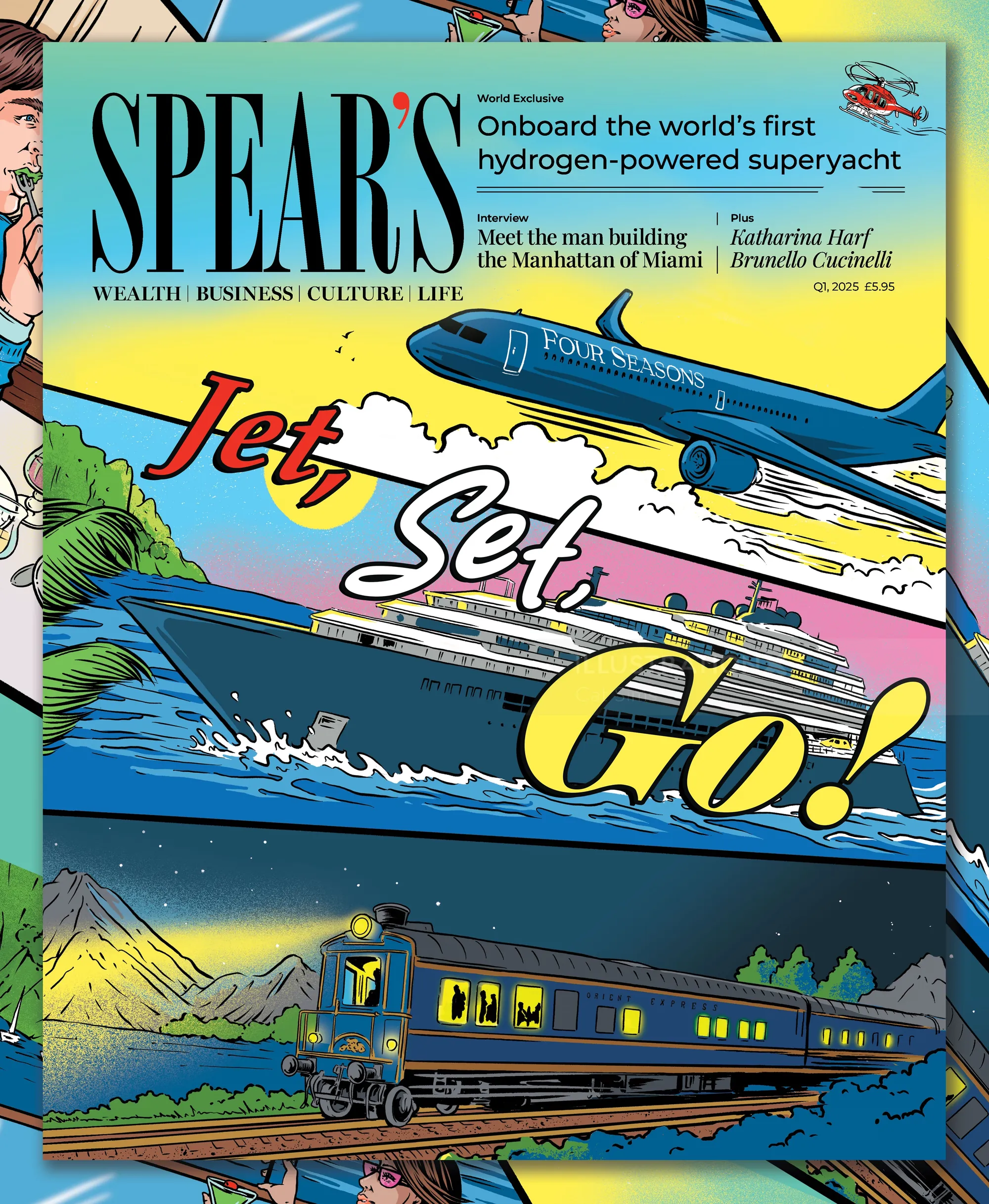 Illustration of a train and airplane with Jet Set Go! text