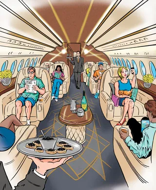 Luxury jet interior with passengers seated and a waiter serving drinks