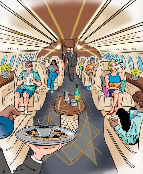 Luxury jet interior with passengers seated and a waiter serving drinks