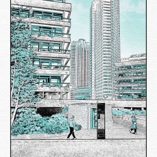 バービカン・エステートの建物と歩く2人の人物が描かれた都市風景
