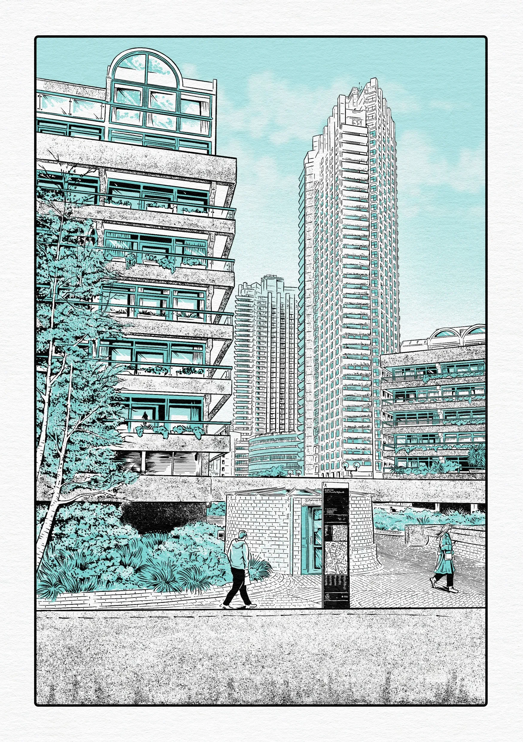 Urban scene with Barbican Estate buildings and two people walking