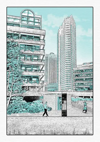Urban scene with Barbican Estate buildings and two people walking