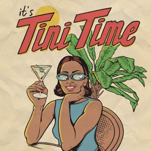 Woman in sunglasses holding martini glass with 'It's Tini Time' text.