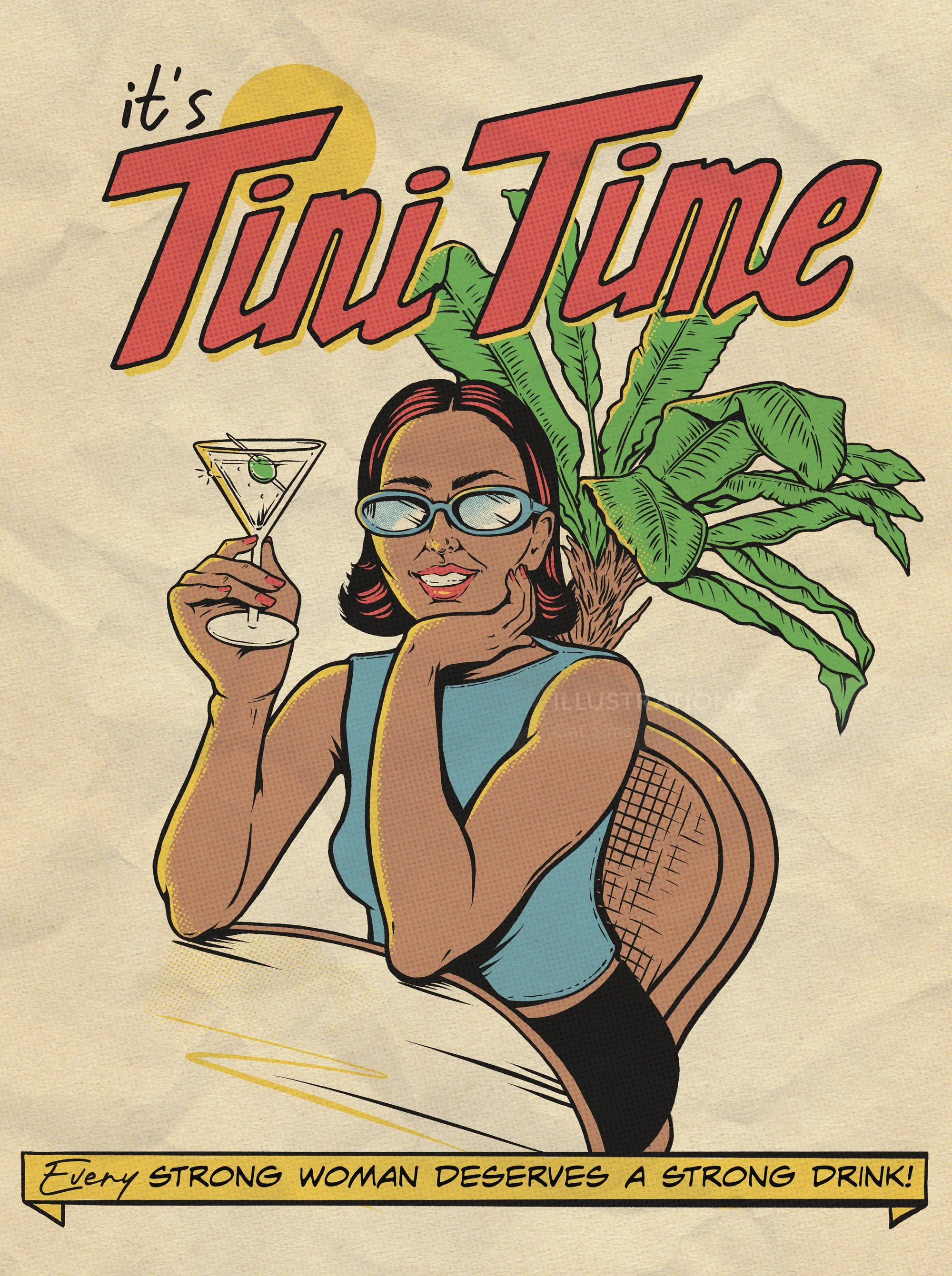 Woman in sunglasses holding martini glass with 'It's Tini Time' text.