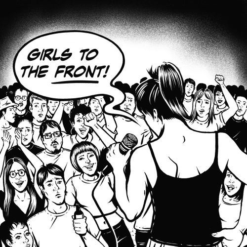 Woman instructing girls to move to the front of a crowd in black and white drawing