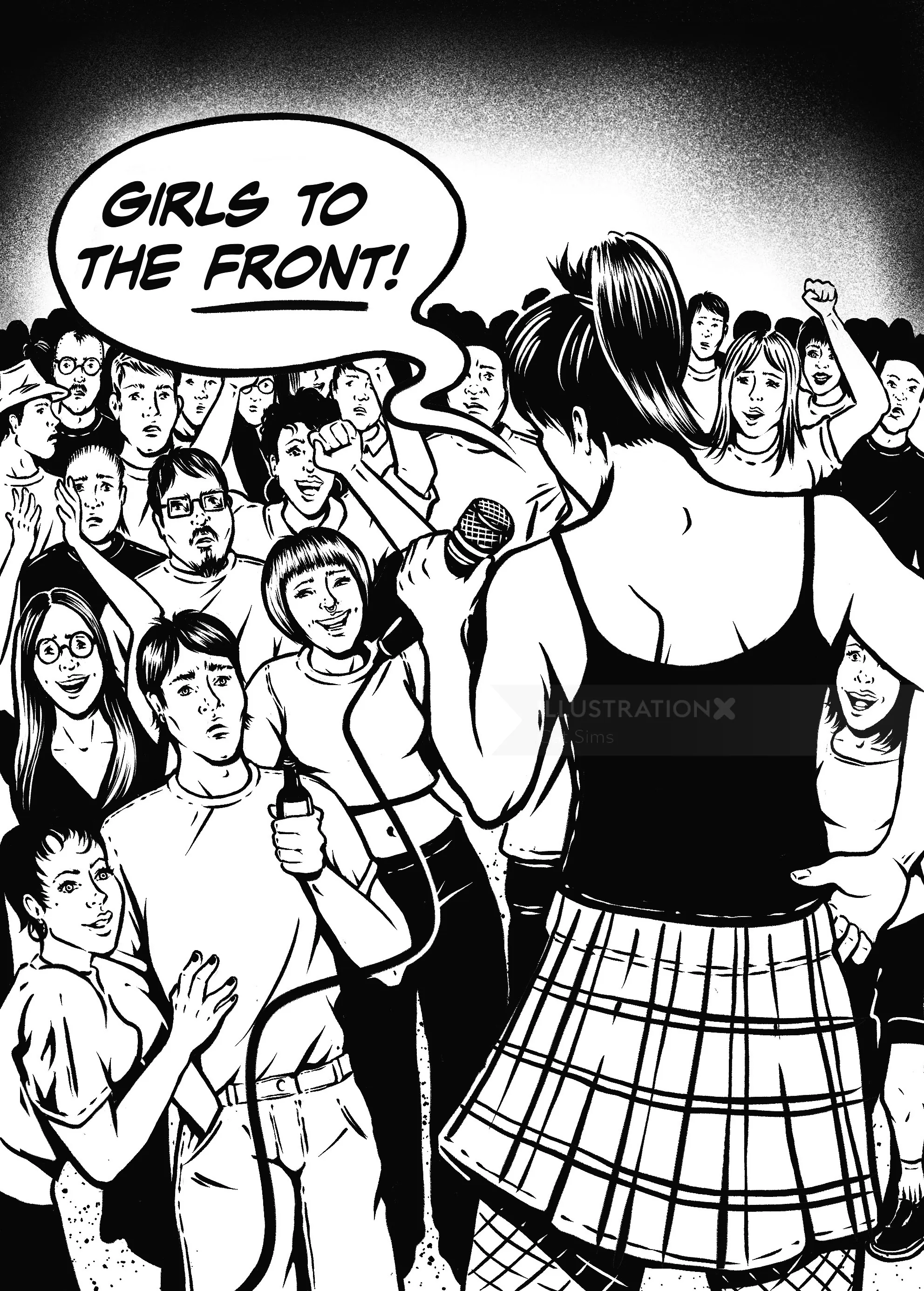 Woman instructing girls to move to the front of a crowd in black and white drawing