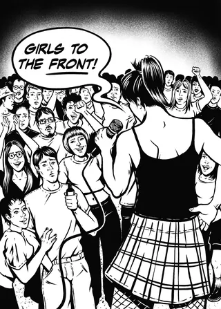 Woman instructing girls to move to the front of a crowd in black and white drawing
