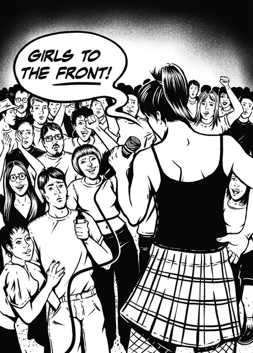 Woman instructing girls to move to the front of a crowd in black and white drawing