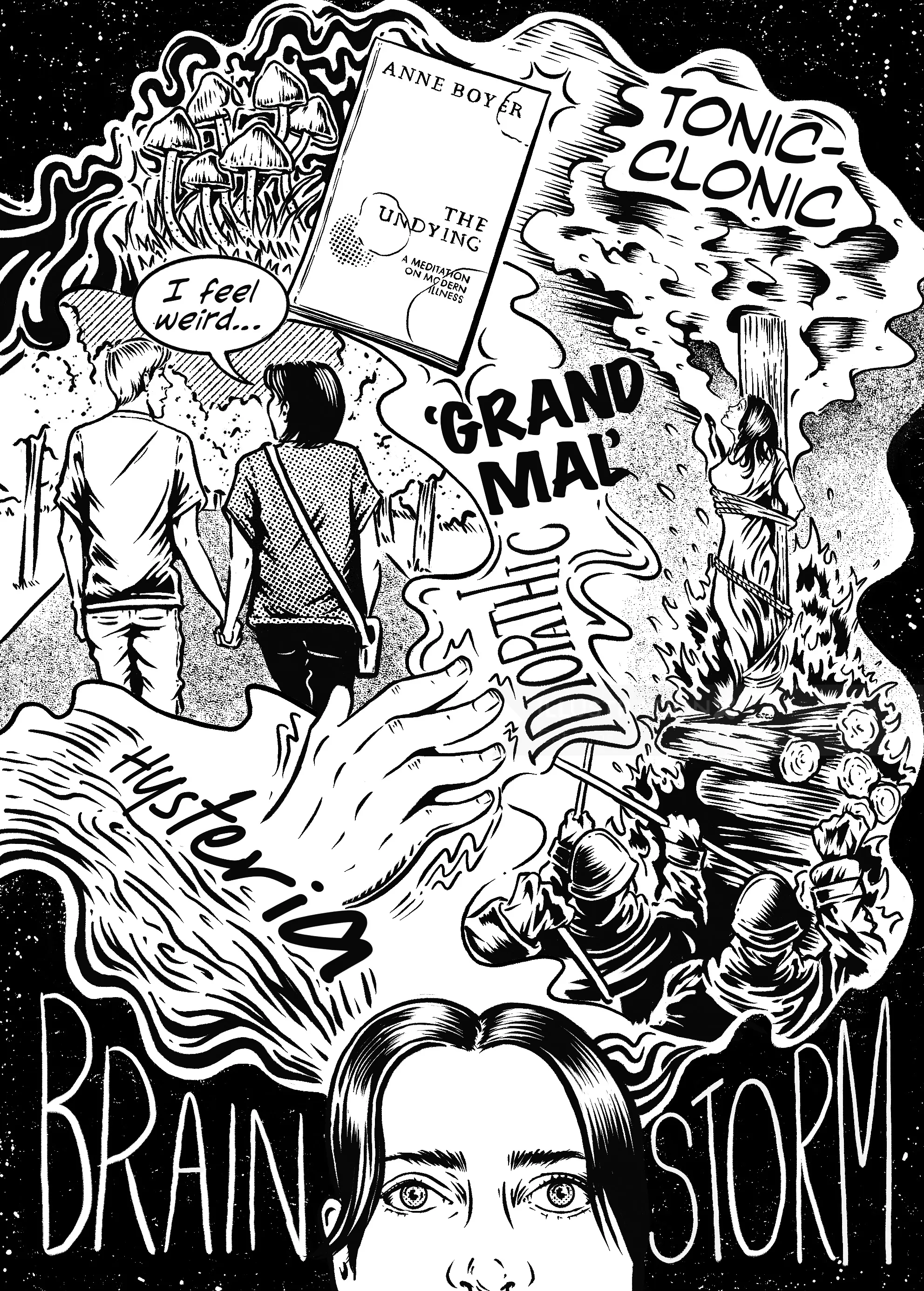 Black and white illustration showing two people, hands, and epilepsy terms