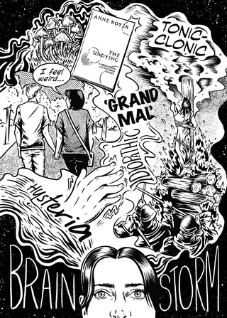 Black and white illustration showing two people, hands, and epilepsy terms