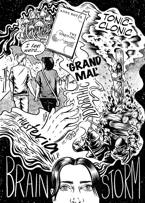Black and white illustration showing two people, hands, and epilepsy terms