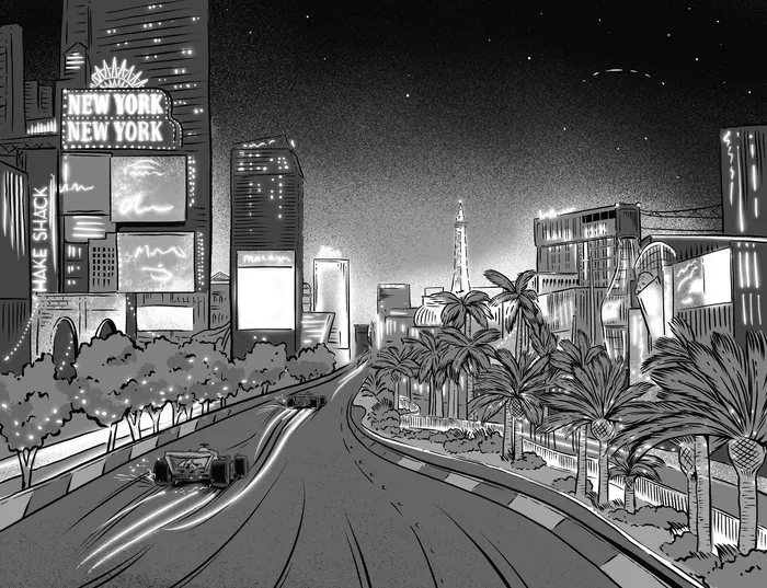 Futuristic city street with neon signs and palm trees at night