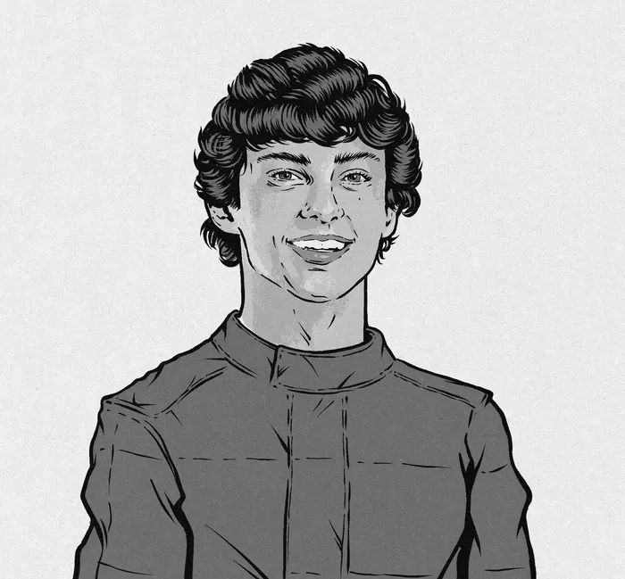 Black and white portrait illustration of a smiling young man with curly hair
