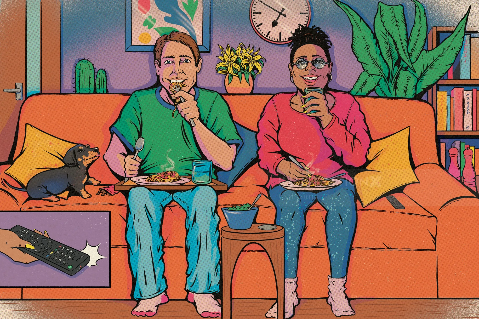 Couple sitting on sofa eating and drinking with a cat and plants around