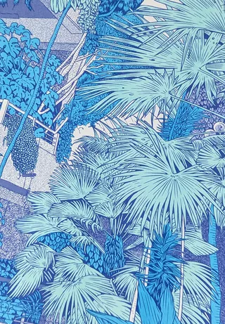 Blue risograph print detail of lush tropical plants at Barbican Conservatory