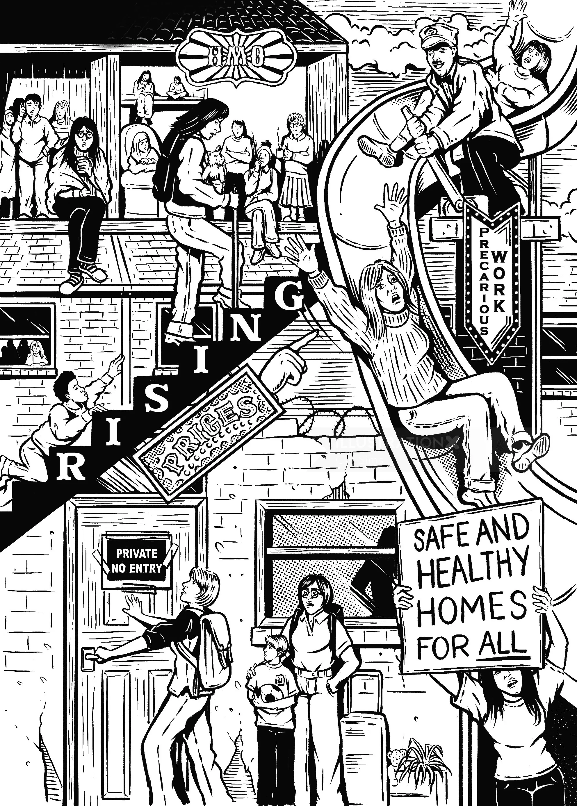 Black and white illustration showing diverse people advocating for safe homes