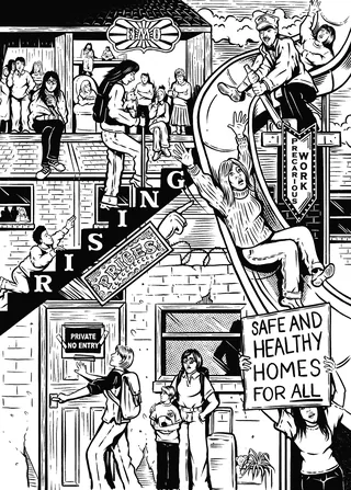 Black and white illustration showing diverse people advocating for safe homes