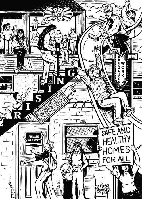 Black and white illustration showing diverse people advocating for safe homes